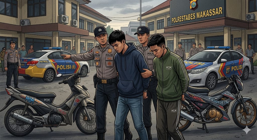 Dua Remaja Geng Motor M1M Ditangkap Usai Kroyok Pengendara di Makassar